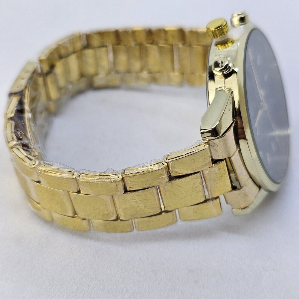 Men's 2PC Watch Bracelet Set 41MM Black Dial Date Gold Bracelet Band 7" Wrist - Picture 11 of 14